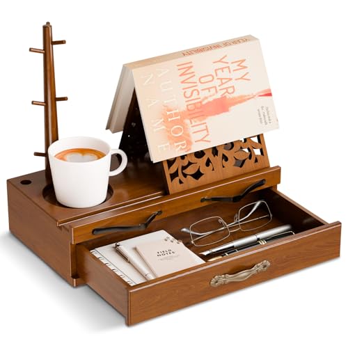 CILXGQLN Adjustable Wooden Book Stand with Storage MultiFunction Hands Free Book Holder for Books Tablets Recipes with Cup Slot Pen Groove Page Holder Perfect Kitchen Counter Gifts for Book Lovers - Image 1