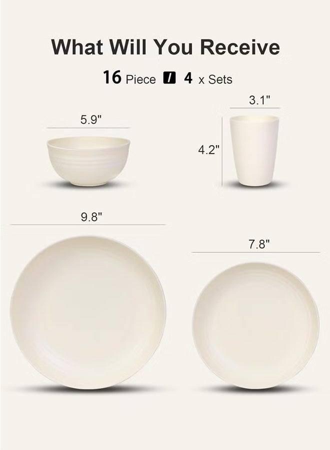 طقم أطباق من قش القمح، 16 قطعة، يكفي لأربعة أشخاص، طقم أدوات مائدة بلاستيكي غير قابل للكسر وقابل لإعادة الاستخدام، آمن للاستخدام في غسالة الصحون والميكروويف، مناسب للمطبخ والتخييم والسكن الجامعي، يشمل طبق عشاء، وعاء، كوب، أطباق حلوى، أكواب شرب (بيج) - Image 2