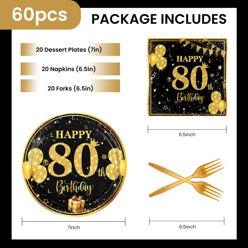 LDFDRT 80th 7 inch Birthday Party Paper Plates and Napkins Forks 60 pcs Black Gold Birthday Decorations for Boys Girls Tableware Set for Anniversary Party Supplies,Serve 20 - Image 5