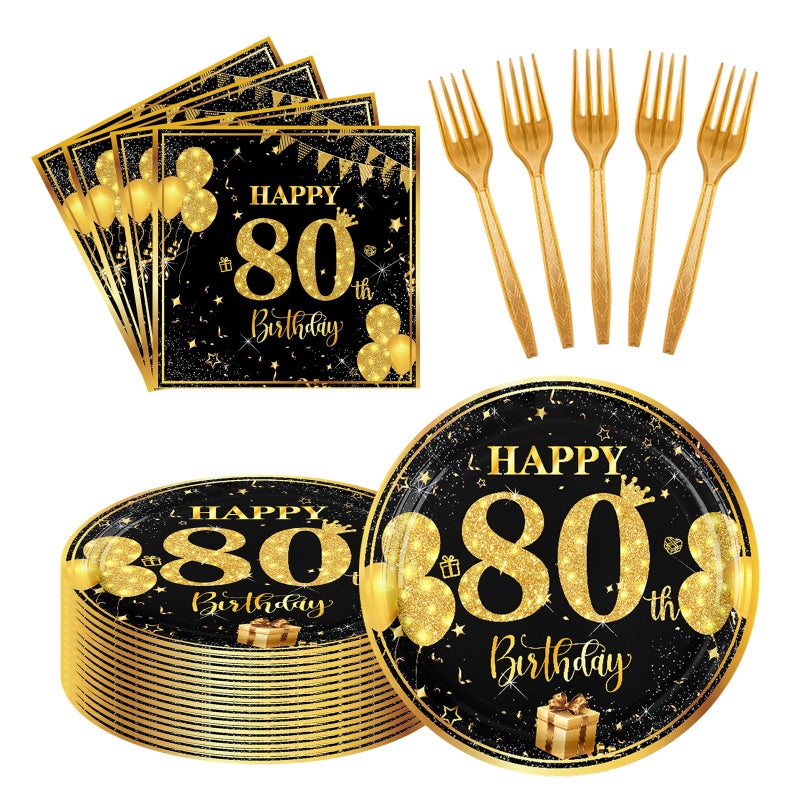 LDFDRT 80th 7 inch Birthday Party Paper Plates and Napkins Forks 60 pcs Black Gold Birthday Decorations for Boys Girls Tableware Set for Anniversary Party Supplies,Serve 20 - Image 1