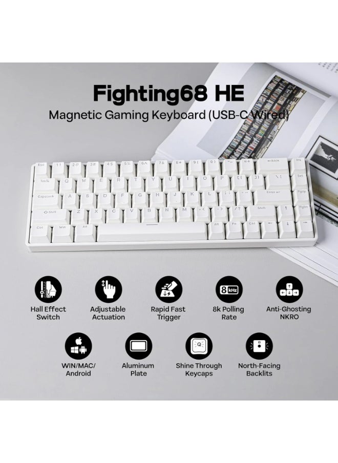 Fighting68 HE Magnetic Gaming Keyboard with Adjustable Actuation, 0.08mm RT Precision, Linear Aurora Magnetic Switch 8K Polling Rate, 68-Key Compact USB-C Wired Keyboard, Hot-Swappable, RGB Backlit (White Contours)