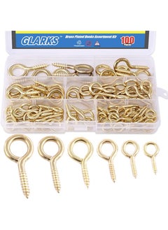 Glarks Glarks 100-Pieces 6 Size Brass Plated Lag Eyebolts Screw-in Eye Shape Screw Hooks Hanging Hooks Assortment Set  - Image 1