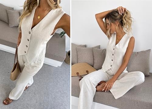 heipeiwa Women's 2 Piece Outfits Linen Vest Waistcoat Dressy Casual Sets Wide Leg Pants Suits Beige - Image 3