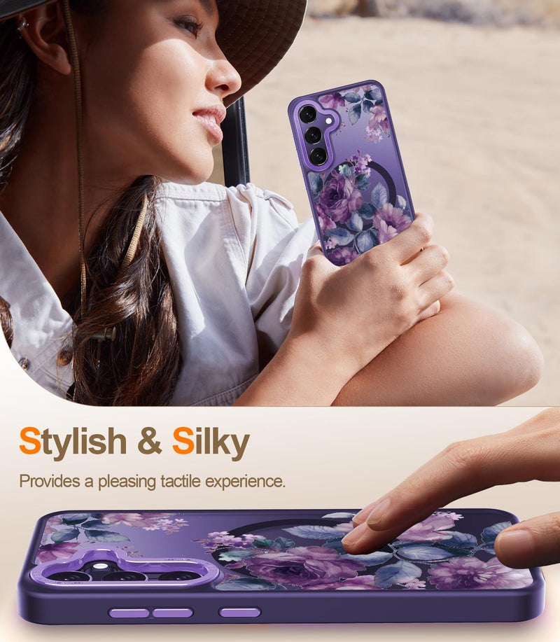 Goodon for Galaxy S25 Case, Wireless Charging Compatible, Shockproof Translucent Matte Cover - Cute Floral Design Phone Case for Women Girls - Purple Blossoms - Image 5
