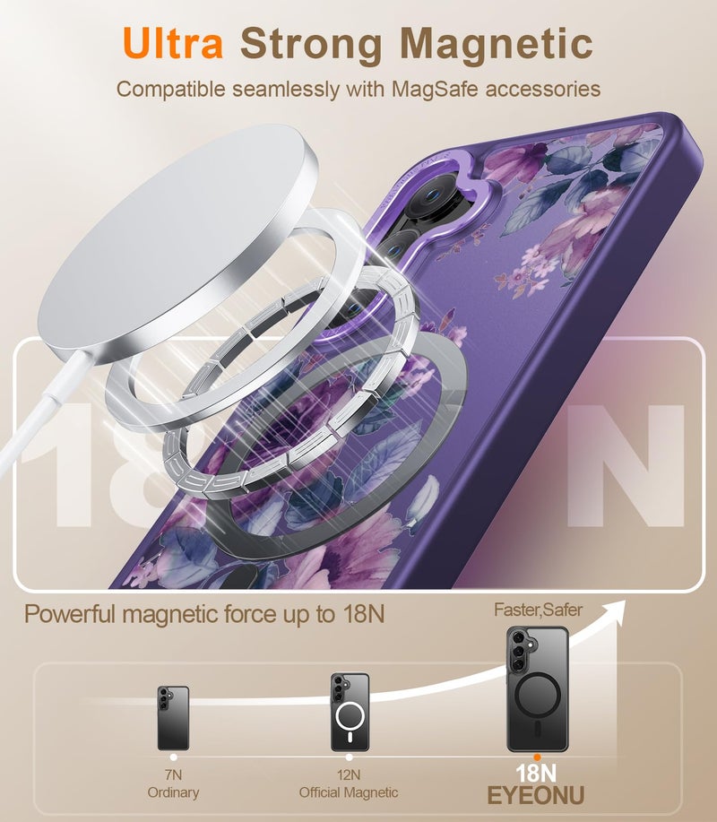 Goodon for Galaxy S25 Case, Wireless Charging Compatible, Shockproof Translucent Matte Cover - Cute Floral Design Phone Case for Women Girls - Purple Blossoms - Image 2