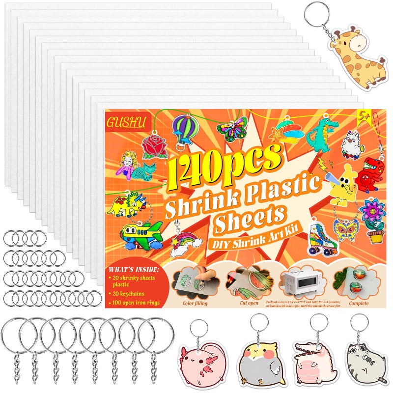 Gushu 140PCS Shrinky Plastic Sheets Kit Shrink Paper Keychain Kit with 20PCS Shrink Paper 120PCS Keychains and Open Iron Ring for Kids Creative Craft Marking Handprint Keychains - Image 2