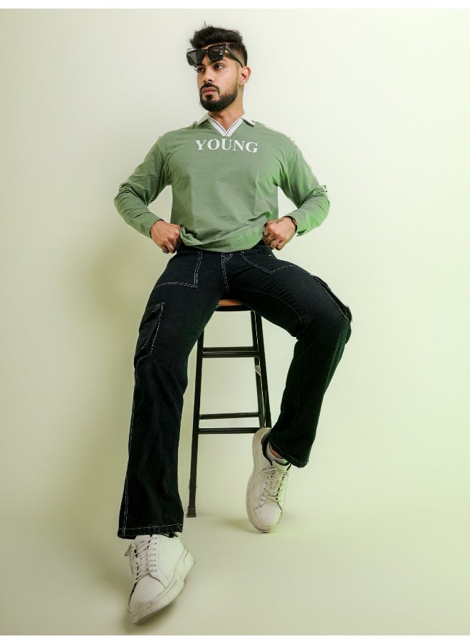 Maniac Mens Printed Polo Neck Half Sleeve Hunter Green and White Cotton Oversized Fit T-Shirt  - Image 5