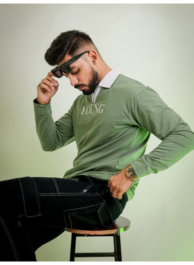 Maniac Mens Printed Polo Neck Half Sleeve Hunter Green and White Cotton Oversized Fit T-Shirt  - Image 2