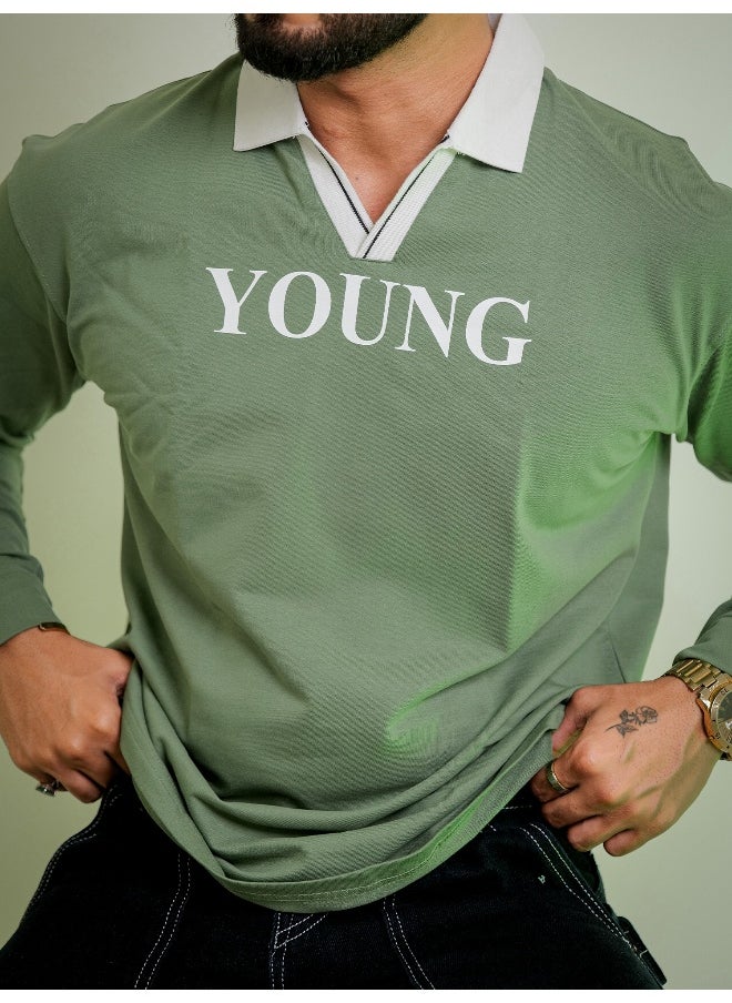 Maniac Mens Printed Polo Neck Half Sleeve Hunter Green and White Cotton Oversized Fit T-Shirt  - Image 4