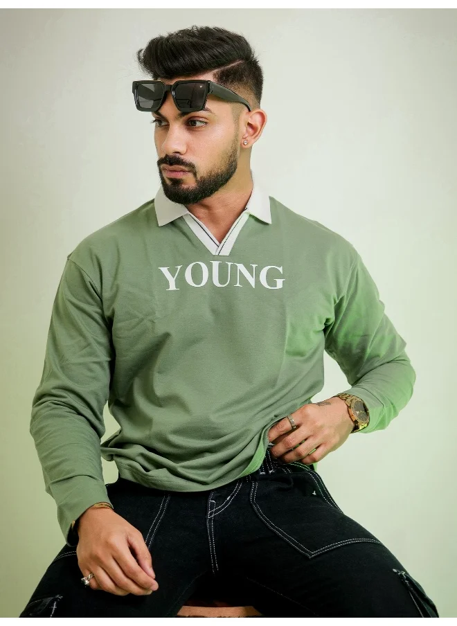 مانياك Mens Printed Polo Neck Half Sleeve Hunter Green and White Cotton Oversized Fit T-Shirt