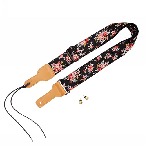 MUSIC FIRST Original Design, 2 inch width (5cm), “Rosa Multiflora in Black” Padded Soft Muslin& Genuine Leather Floral Guitar Strap Electric Guitar Straps - Image 3