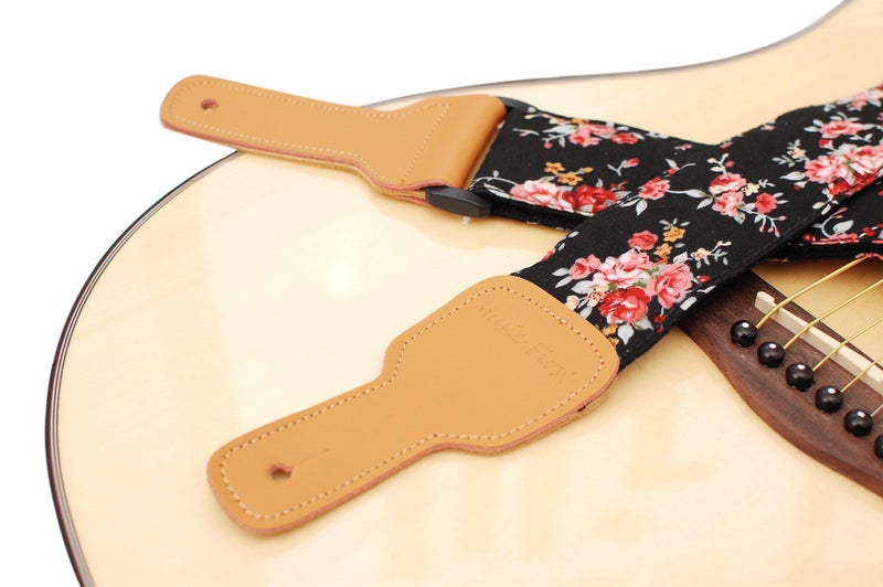 MUSIC FIRST Original Design, 2 inch width (5cm), “Rosa Multiflora in Black” Padded Soft Muslin& Genuine Leather Floral Guitar Strap Electric Guitar Straps - Image 5