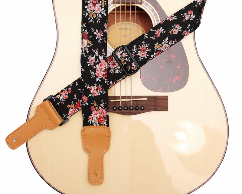 MUSIC FIRST Original Design, 2 inch width (5cm), “Rosa Multiflora in Black” Padded Soft Muslin& Genuine Leather Floral Guitar Strap Electric Guitar Straps - Image 2