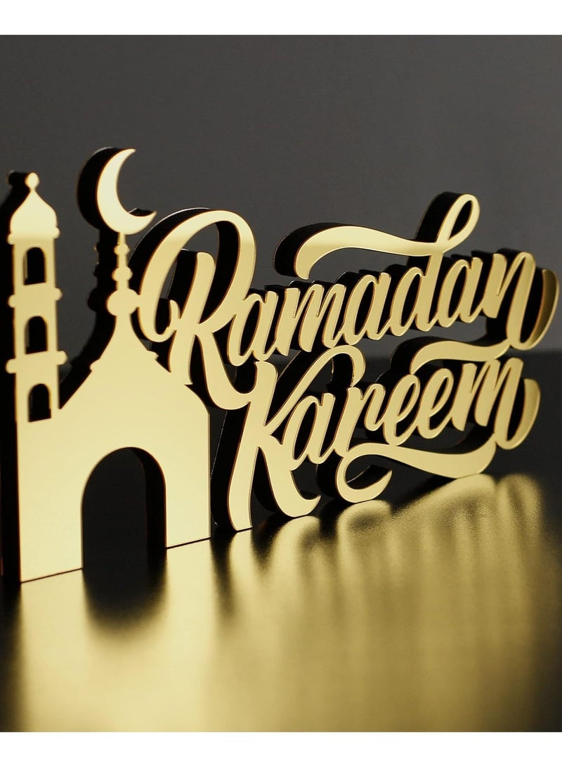 Eworld Wooden Acrylic Islamic Tabletop Decor, Elegant Ramadan Kareem Decorations Crafted from Thick Eco-Friendly MDF with a Shiny Acrylic Layer for a Stunning Mirror Effect in Gold - Image 2