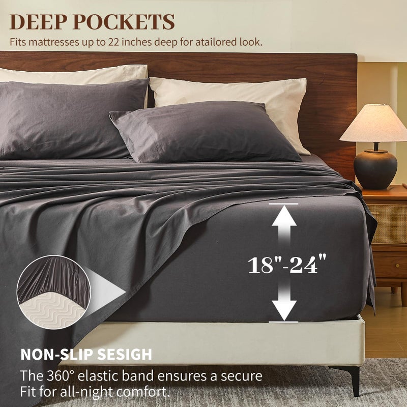 MEISHANG 100% French Pure Linen Sheets Queen Size - Extra Deep Pocket Sheet Set, Soft Durable Flax Linen, Anti-Tear Breathable & Oeko-Tex Certified 18-24 Deep Pocket,All Season(Dark Grey) - Image 3