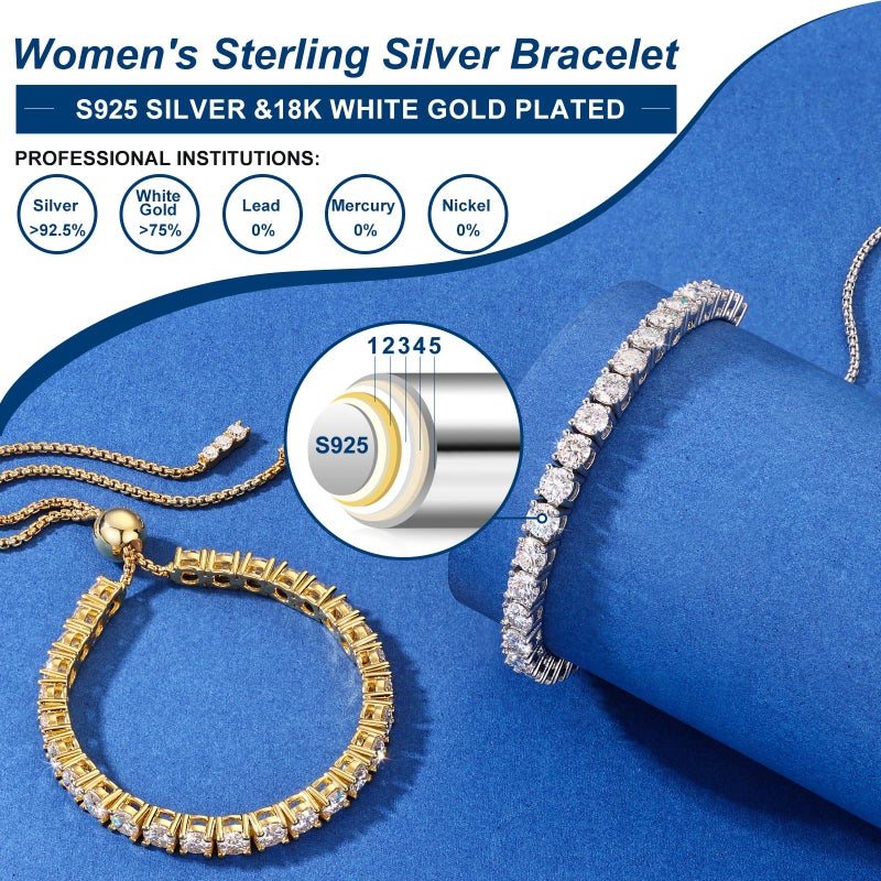 TUHE Moissanite Bracelet for Women 2MM 1.79Carats 18K White Gold Plated S925 Sterling Silver Adjustable Bracelets D Color VVS1 Round Lab Grown Moissanite Tennis Bracelet Classic Trendy Valentine's Day Gift - Image 2