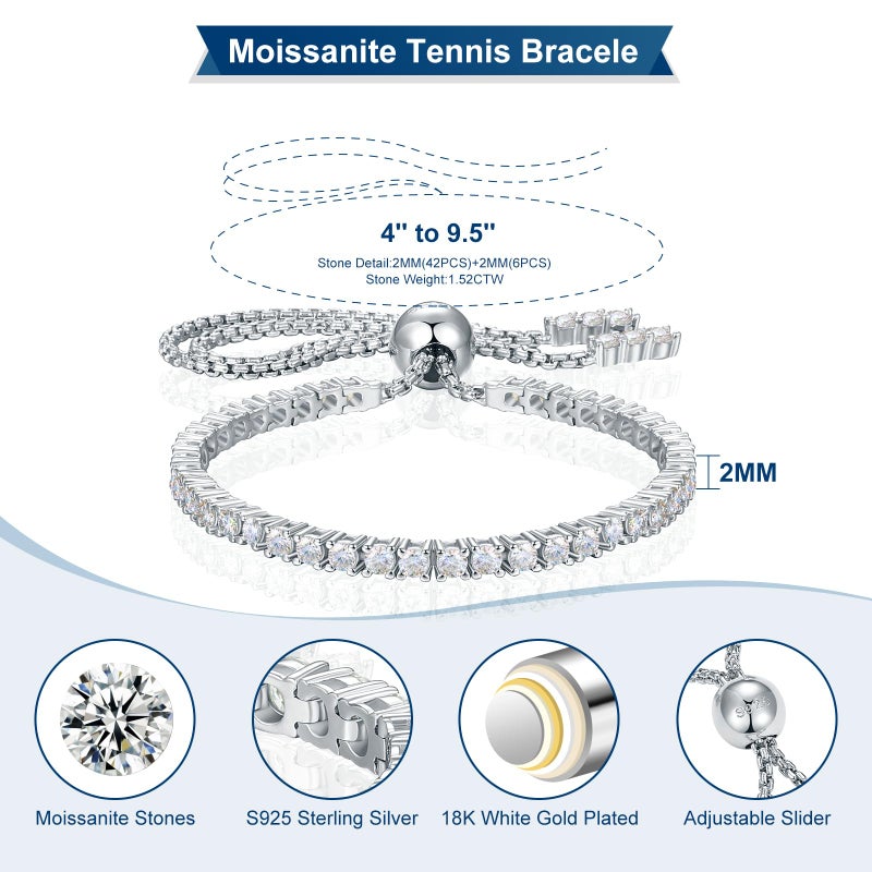 TUHE Moissanite Bracelet for Women 2MM 1.79Carats 18K White Gold Plated S925 Sterling Silver Adjustable Bracelets D Color VVS1 Round Lab Grown Moissanite Tennis Bracelet Classic Trendy Valentine's Day Gift - Image 5