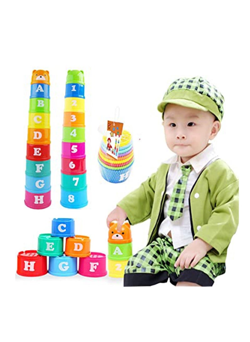 Excefore - Stacking Cups, 9 pieces with letters and numbers, Sound Folding Cup Toy Stacking Cups Game Toy for Baby Kids Childrens Educational Toy Bath toys - Image 1