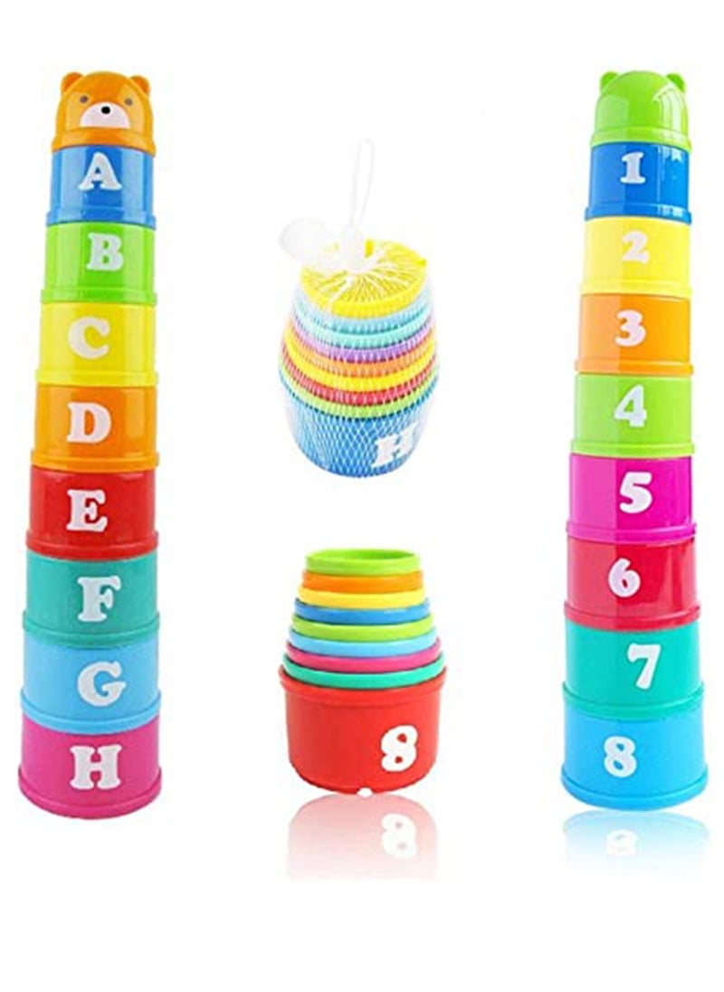 Excefore - Stacking Cups, 9 pieces with letters and numbers, Sound Folding Cup Toy Stacking Cups Game Toy for Baby Kids Childrens Educational Toy Bath toys - Image 1