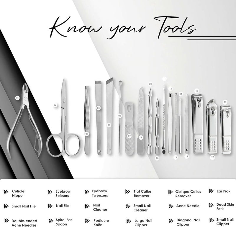 Professional Manicure Pedicure Kit 18Piece Stainless Steel Nail Care Set with Travel Case - Image 3