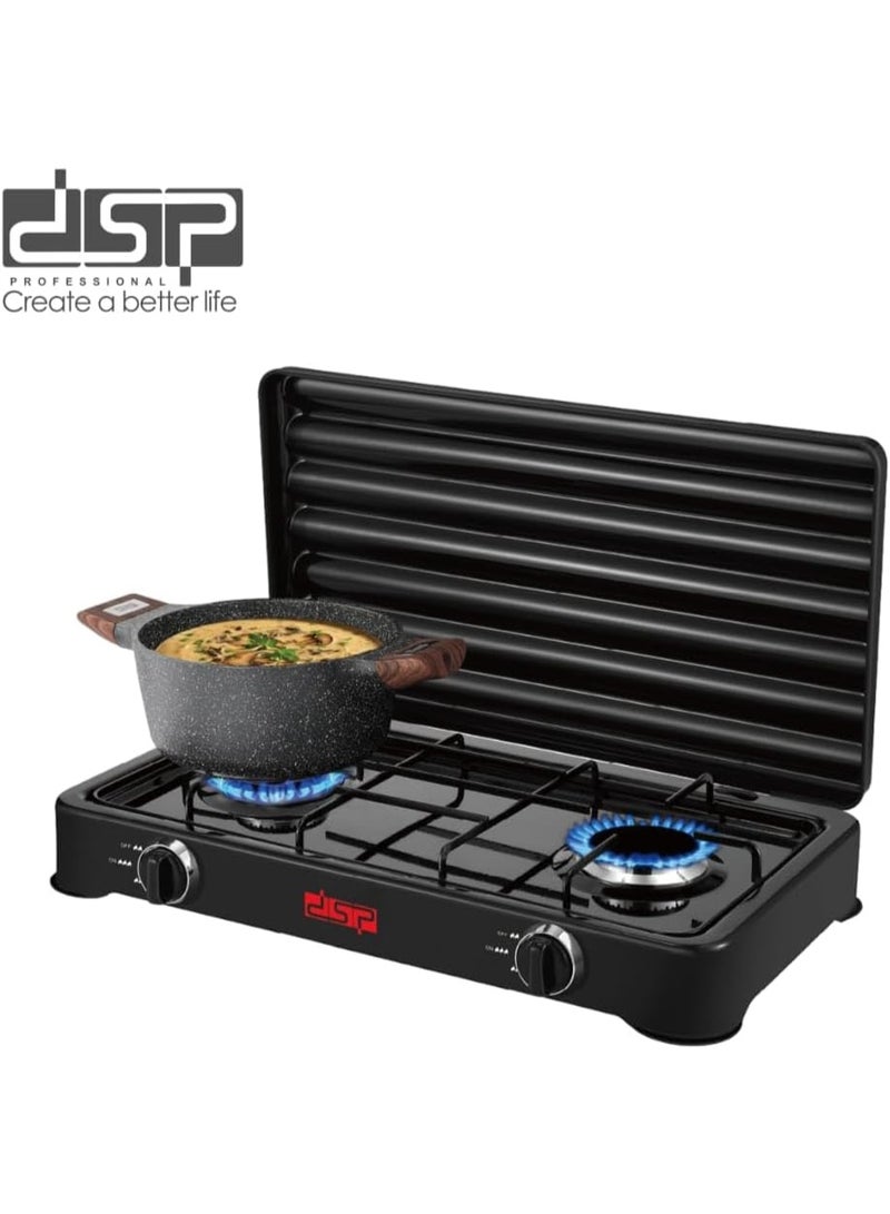 DSP 2-Burner Gas Hob, 2200W, Safety Design with Back Cover – Dual Flame Control – Ideal for Home and Camping. Gas safety system with heat-resistant surface and stable base for added stability. Model KD5073 - Black - Image 1