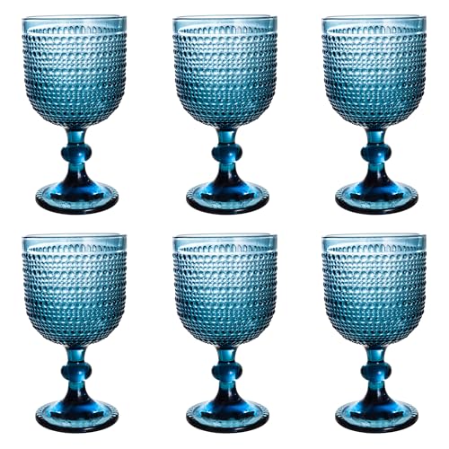 Bandesun Blue Hobnail Wine Glasses Set of 6 - Beads Goblet Glassware Vintage Drinkware - Image 1