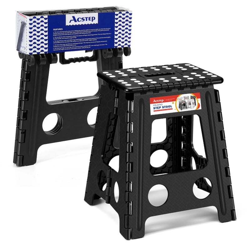 ACSTEP Folding Step Stool 16 Inch Heavy Duty Step Stool Foldable for Adults and Kids, Collapsible Stepping Stool with Handle, Non Slip Folding Stools for Kitchen Hold Up to 400lbs (Black 1PC) - Image 1