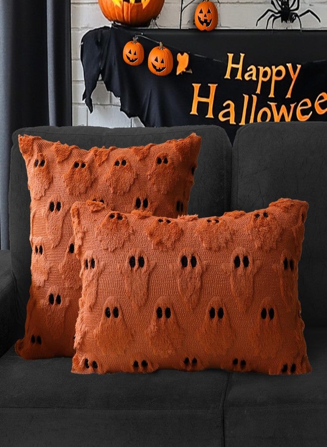 4TH Emotion Halloween Ghost Decorative Pillow Covers 18x18 Set of 2, Rust Red Soft Plush Faux Fur Farmhouse Throw Cushion Cases for Fall Autumn Holiday Home Decorations - Image 4