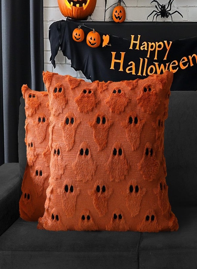 4TH Emotion Halloween Ghost Decorative Pillow Covers 18x18 Set of 2, Rust Red Soft Plush Faux Fur Farmhouse Throw Cushion Cases for Fall Autumn Holiday Home Decorations - Image 1