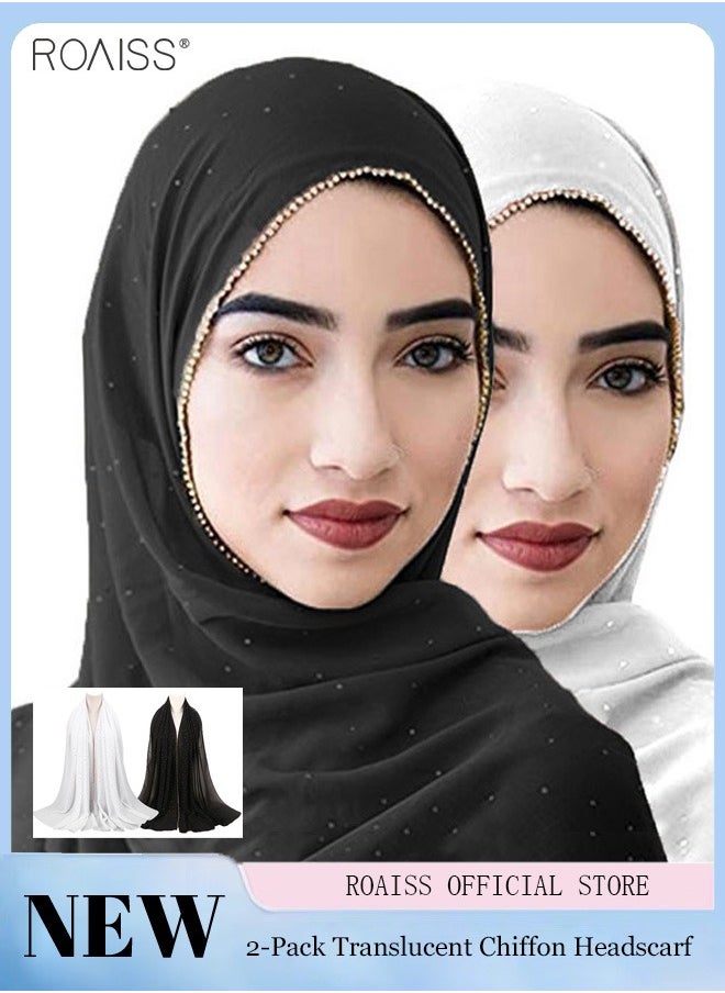 roaiss - 2-Piece Plain Chiffon Semi Transparent Headscarf Sunscreen Breathable Diamond Decoration Versatile Scarf - Image 1