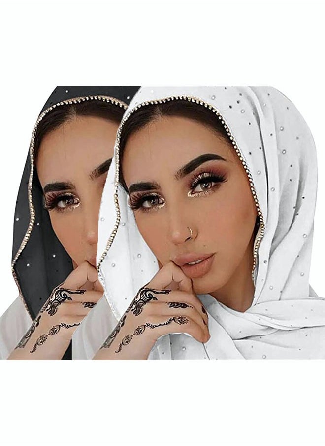 roaiss - 2-Piece Plain Chiffon Semi Transparent Headscarf Sunscreen Breathable Diamond Decoration Versatile Scarf - Image 1