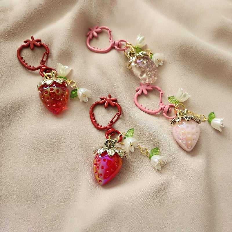 Agromusk Cute Strawberry Keychain,Bag Charms,Kawaii Flower Lily of The Valley Key chains Accessories Decor for Girls Purse Gift(Solid pink) - Image 2