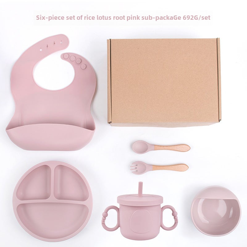 Domobaby Silicone Feeding Set for KidsLotus root starch color-smiley plate six-piece set (plate bib snail bowl wooden fork spoon new cup) aircraft box DM-253-2 Lotus root starch color-smiley plate six-piece set (plate bib snail bowl wooden fork spoon new cup) aircraft box DM-253-2 