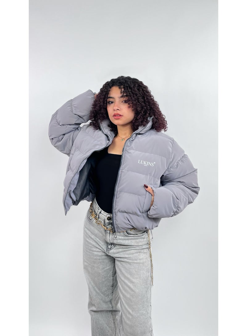 LUKINS High-Quality Cropped Puffer Jacket in grey Waterproof for Women’s - Image 3