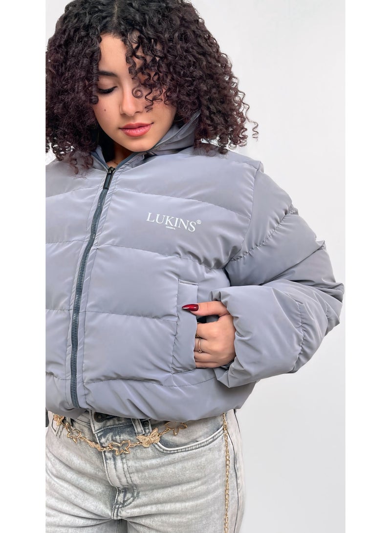 LUKINS High-Quality Cropped Puffer Jacket in grey Waterproof for Women’s - Image 1