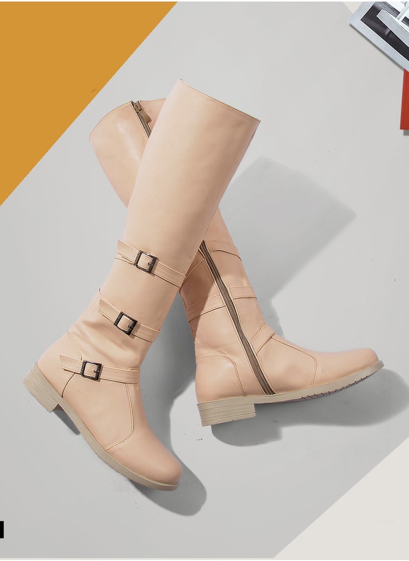 Run  - Long Leather 3 Buckle Half-boot - Beige Z-6 - Image 1