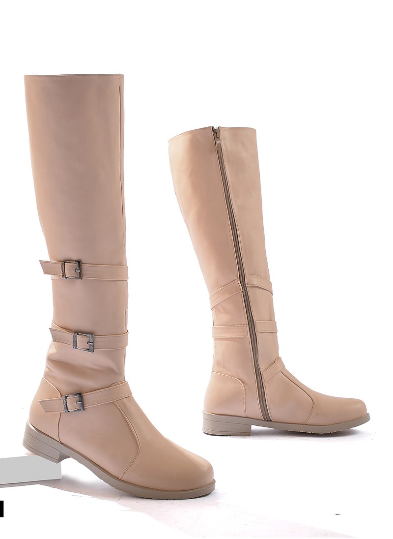 Run  - Long Leather 3 Buckle Half-boot - Beige Z-6 - Image 1