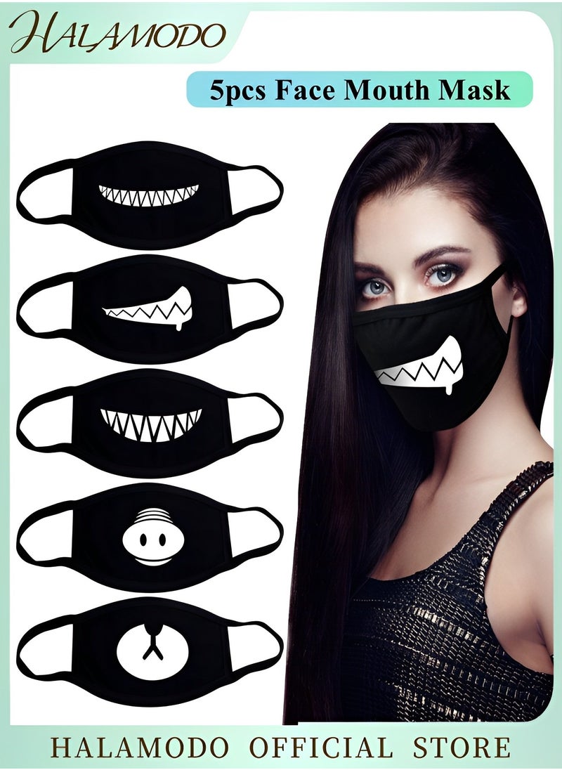 HALAMODO 5pcs Face Mouth Mask Mouth Mask with Black Teeth Pattern Reusable Cloth Masks for Kids Men Women Washable Kid Dust Masks for Outdoor Activities Cycling Camping Gardening Travel  - Image 1