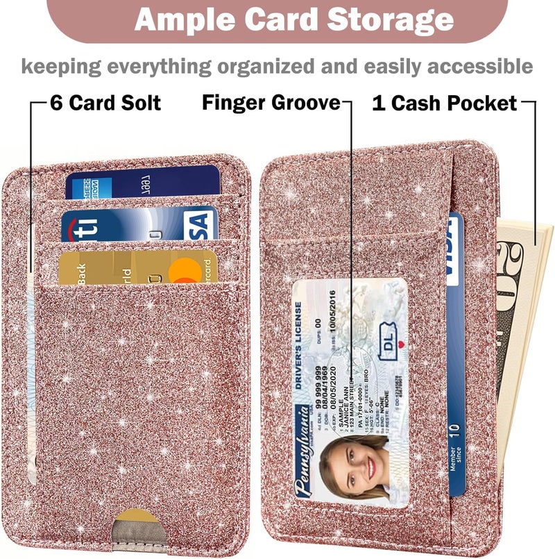 Hot Cool Card Holder Wallet Front Pocket Minimalist Travel Cute Funny Thin Leather With RFID Blocking Small Credit Card Holder Wallet for Men & Women Girls Organizer Gifts, Glitter Rose - Image 3