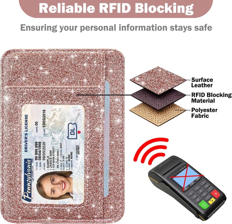 Hot Cool Card Holder Wallet Front Pocket Minimalist Travel Cute Funny Thin Leather With RFID Blocking Small Credit Card Holder Wallet for Men & Women Girls Organizer Gifts, Glitter Rose - Image 5