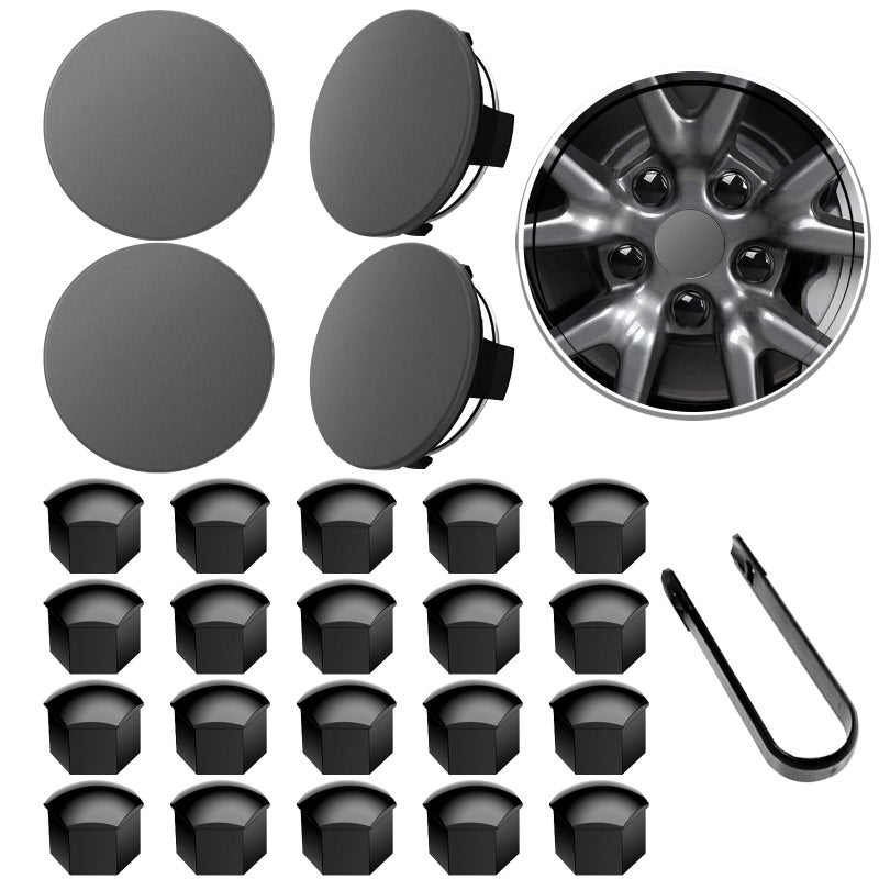 H3JANG Wheel Center Caps for Tesla Model Y Model 3 19 Inch Model S 20 Inch Wheel Hub Caps Center Cover with 4 Hub Center Cap + 20 Lug Nut Cover + 1 Pack Wrench No Logo (Dark Grey) - Image 1