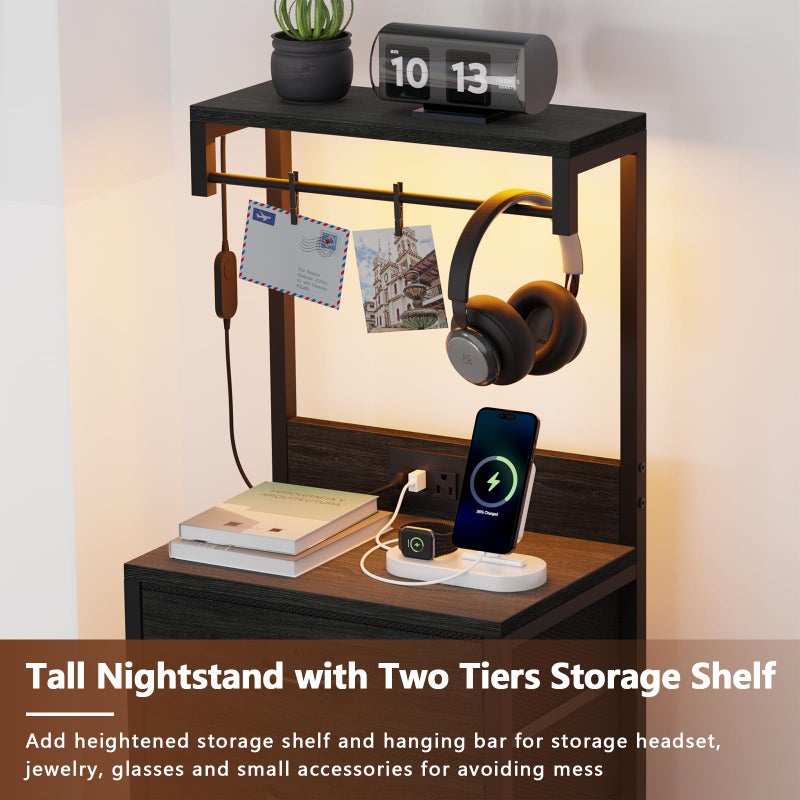 Furnulem Tall Nightstand with Charging Station, Night Stands with LED Lights and Storage Shelves, Bed Side Table for Bedroom, Hallway, Office, 4 Fabric Drawers (Black Oak) - Image 3