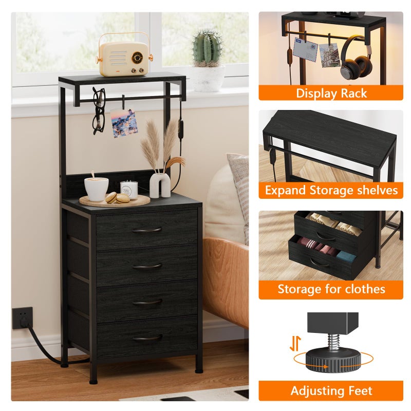 Furnulem Tall Nightstand with Charging Station, Night Stands with LED Lights and Storage Shelves, Bed Side Table for Bedroom, Hallway, Office, 4 Fabric Drawers (Black Oak) - Image 5