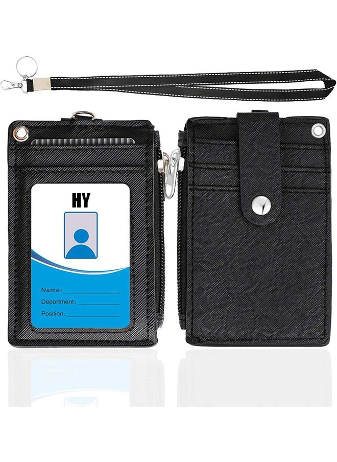 HY ID Badge Holder with PU Leather Zipper Pocket & Lanyard, 2 Sided 5 Card Slots ID Card Holder Wallet,Detachable Keychain Lanyard for Teens Men Women(Black)  - Image 1
