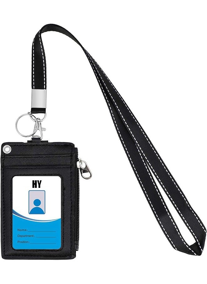 HY ID Badge Holder with PU Leather Zipper Pocket & Lanyard, 2 Sided 5 Card Slots ID Card Holder Wallet,Detachable Keychain Lanyard for Teens Men Women(Black)  - Image 2