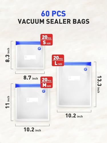 ZABINS 60 Pcs Reusable Vacuum Sealer Bags for Food 3 Size BPAFree Vacuum Storage Bags with Sealing Clips LeakProof Design for Sous Vide Cooking Freezer Microwave Heating - Image 3