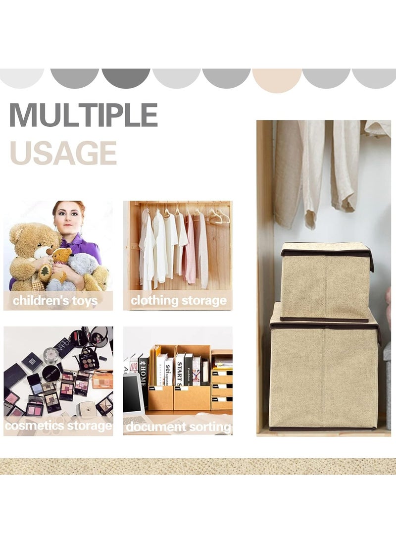 2pcs Beige Linen Foldable Storage Bins with Lids Kit, Large Collapsible Fabric Strorage Box, Stackable Storage Containers Closet Organizers for Home Office Storage
