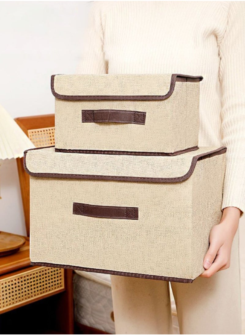Kimaya 2pcs Beige Linen Foldable Storage Bins with Lids Kit, Large Collapsible Fabric Strorage Box, Stackable Storage Containers Closet Organizers for Home Office Storage  - Image 1