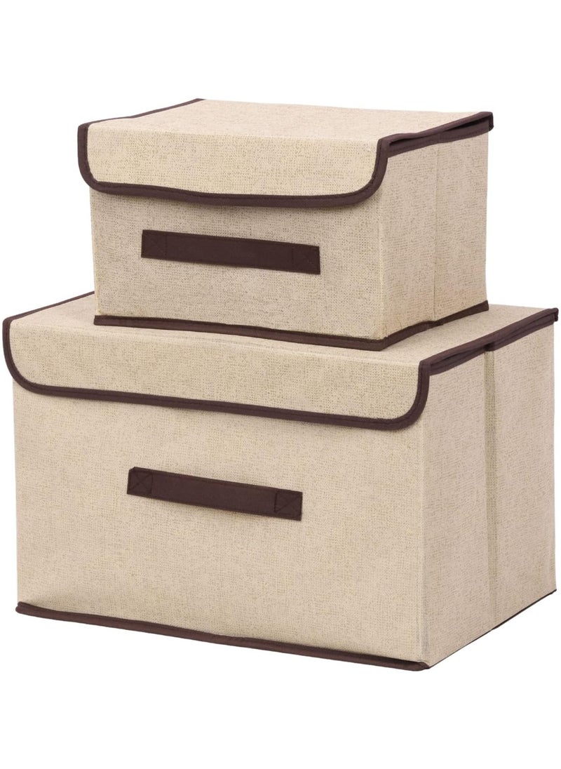 Kimaya 2pcs Beige Linen Foldable Storage Bins with Lids Kit, Large Collapsible Fabric Strorage Box, Stackable Storage Containers Closet Organizers for Home Office Storage  - Image 2