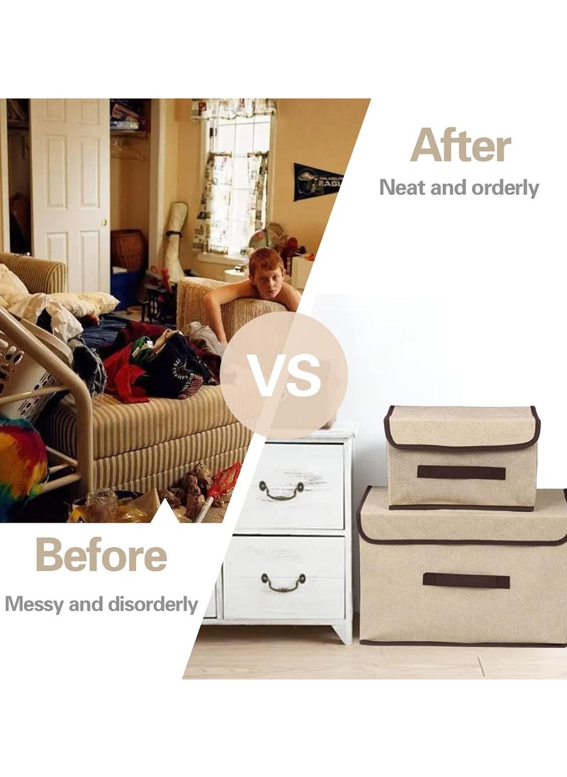 2pcs Beige Linen Foldable Storage Bins with Lids Kit, Large Collapsible Fabric Strorage Box, Stackable Storage Containers Closet Organizers for Home Office Storage